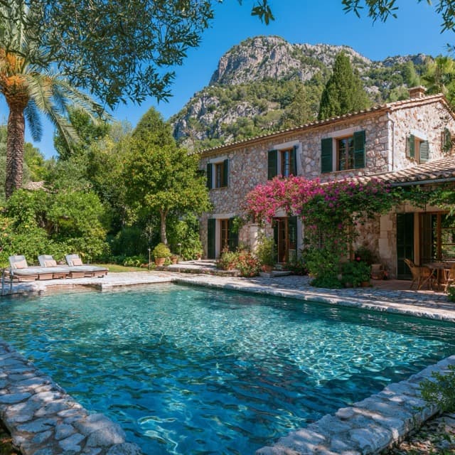 Mediterranean stone finca with pool, garden and mountain backdrop on Mallorca