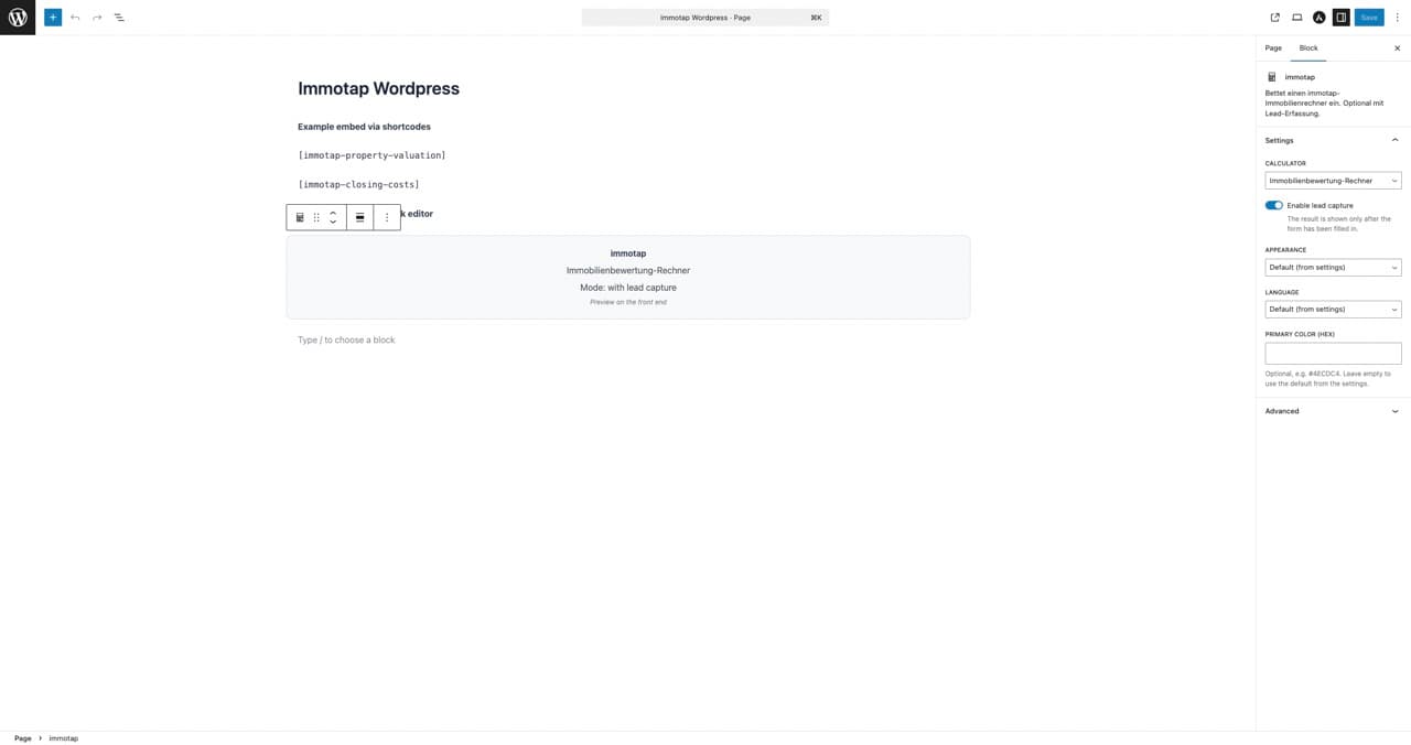 Screenshot: the immotap Rechner block with settings in the sidebar