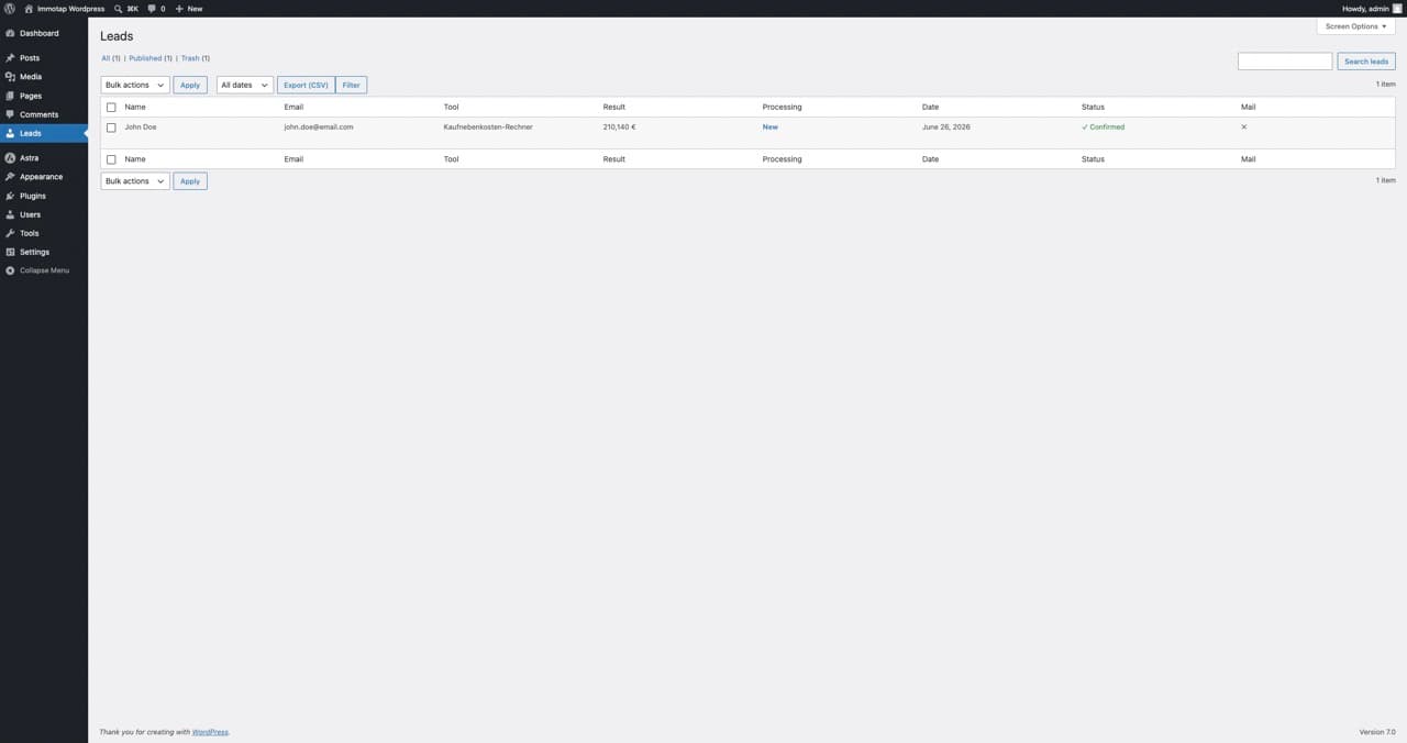 Screenshot: the inquiries overview in the admin area