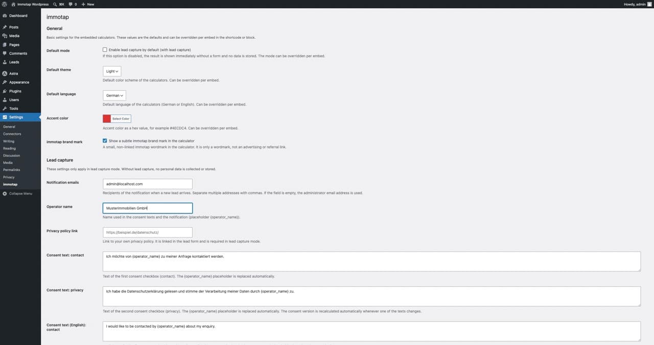 Screenshot: the immotap Rechner settings page